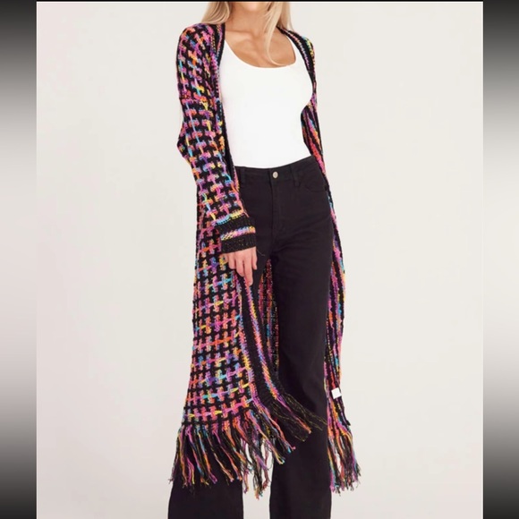 Luxe Plus Size Long Plaid Color Fringed Hem Knit Cardigan Duster Sweater - Picture 7 of 7
